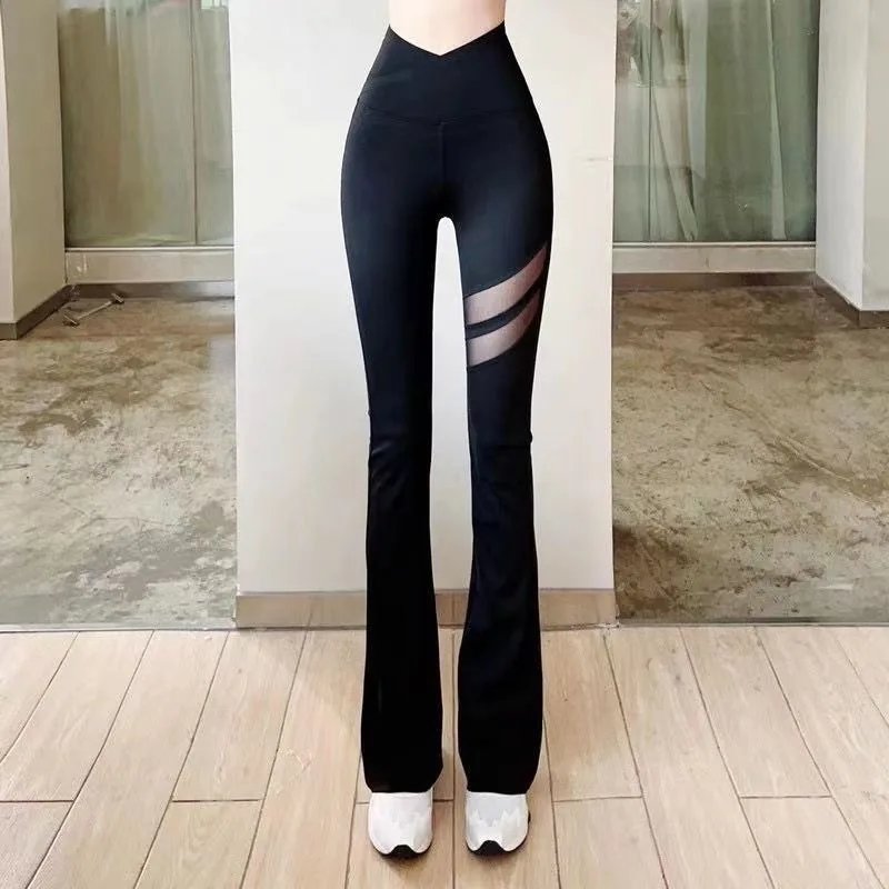 

2023 New Spring Autumn Air Vent Yoga Pants Women High Waist Belly Lift Hip Horn Shark Pants Show High Thin Wear Thin Leggings