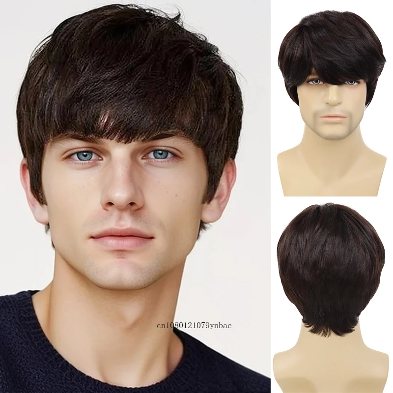 Peruca marrom reta curta com franja masculina, cabelo sintético, resistente ao calor, fantasia de festa diária, cosplay, Halloween, moda