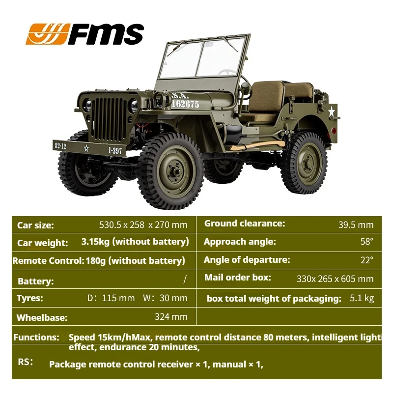 Fms1:6 1941 MB SCALER Willis Simulationsmodell RC Offroad 4x4 Antrieb Elektrisches Modell Spielzeug Klettern Auto Anhänger Eimer