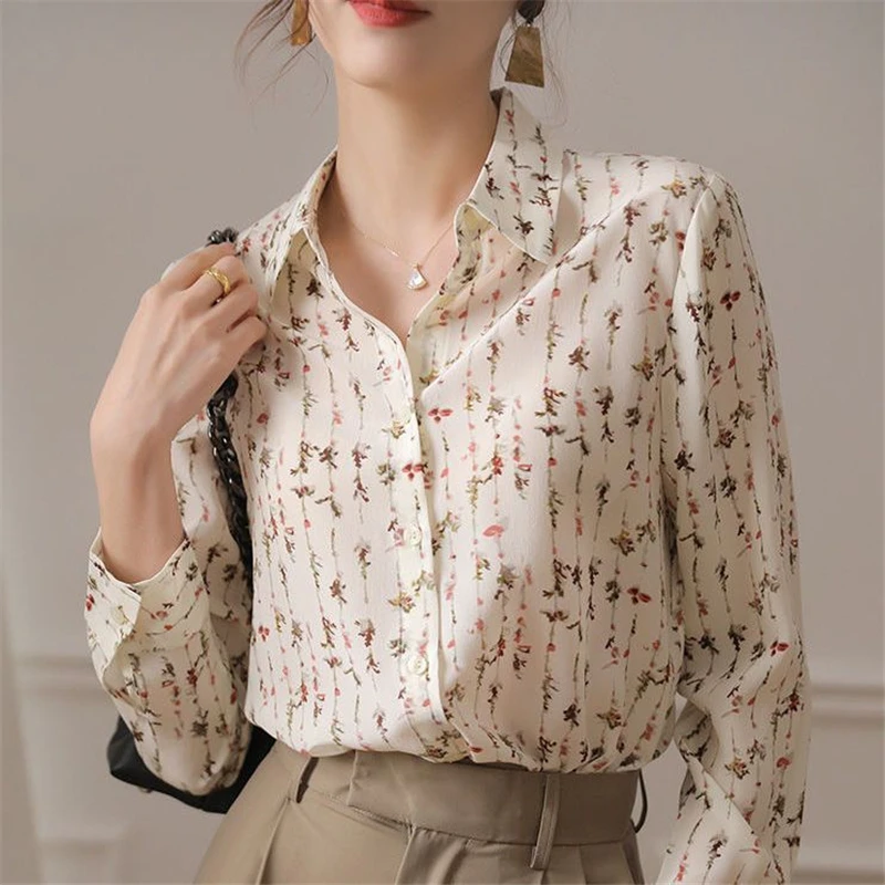 Blusa de manga larga con estampado Floral para mujer, camisa elegante con botones, moda coreana, informal, para oficina, primavera y otoño