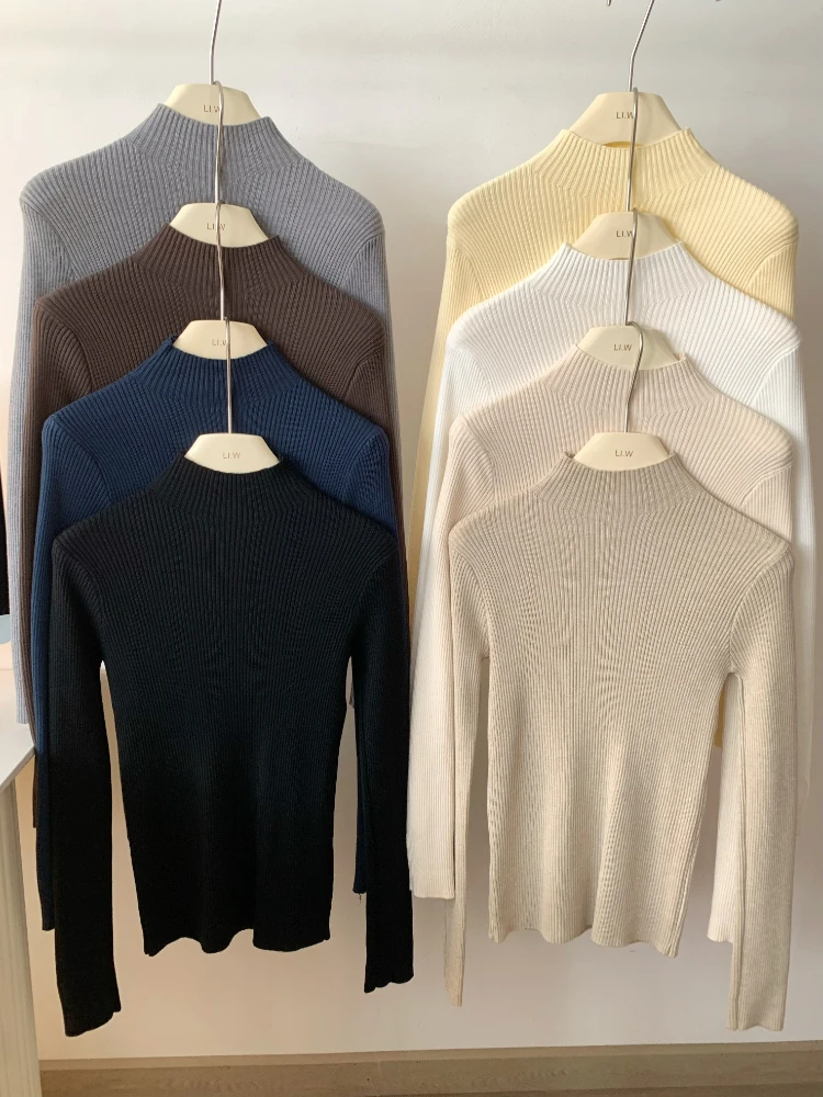 Otoño Invierno mujer manga larga Jersey de punto cuello alto acanalado manga larga suéter suave cálido mujer Jumper ropa de mujer