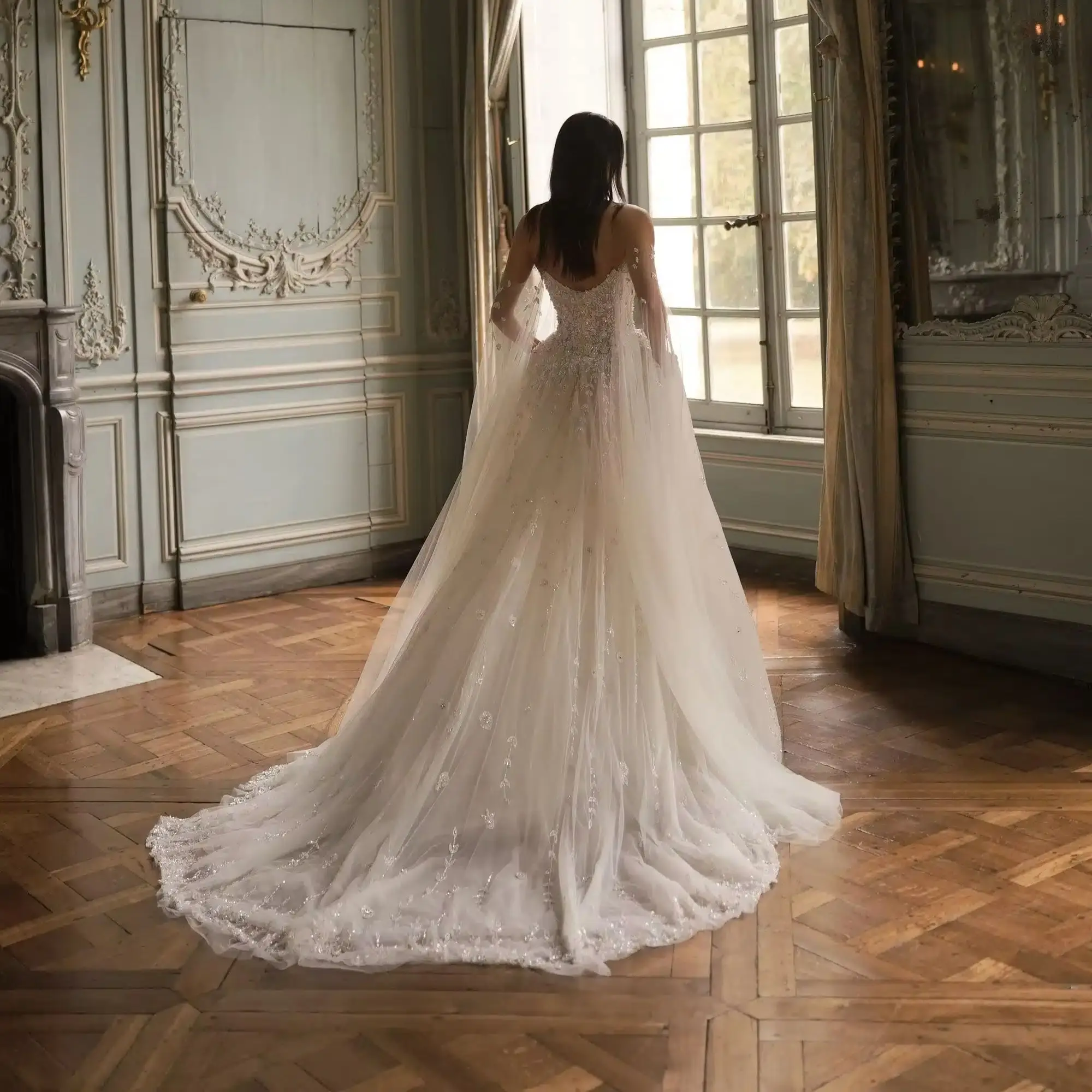 Sheer Fairy Wedding Dress Elegant Off Shoulder A-Line Tulle Corset Floral Beaded Train Dubai Luxury Bridal Gown SW746 Customized
