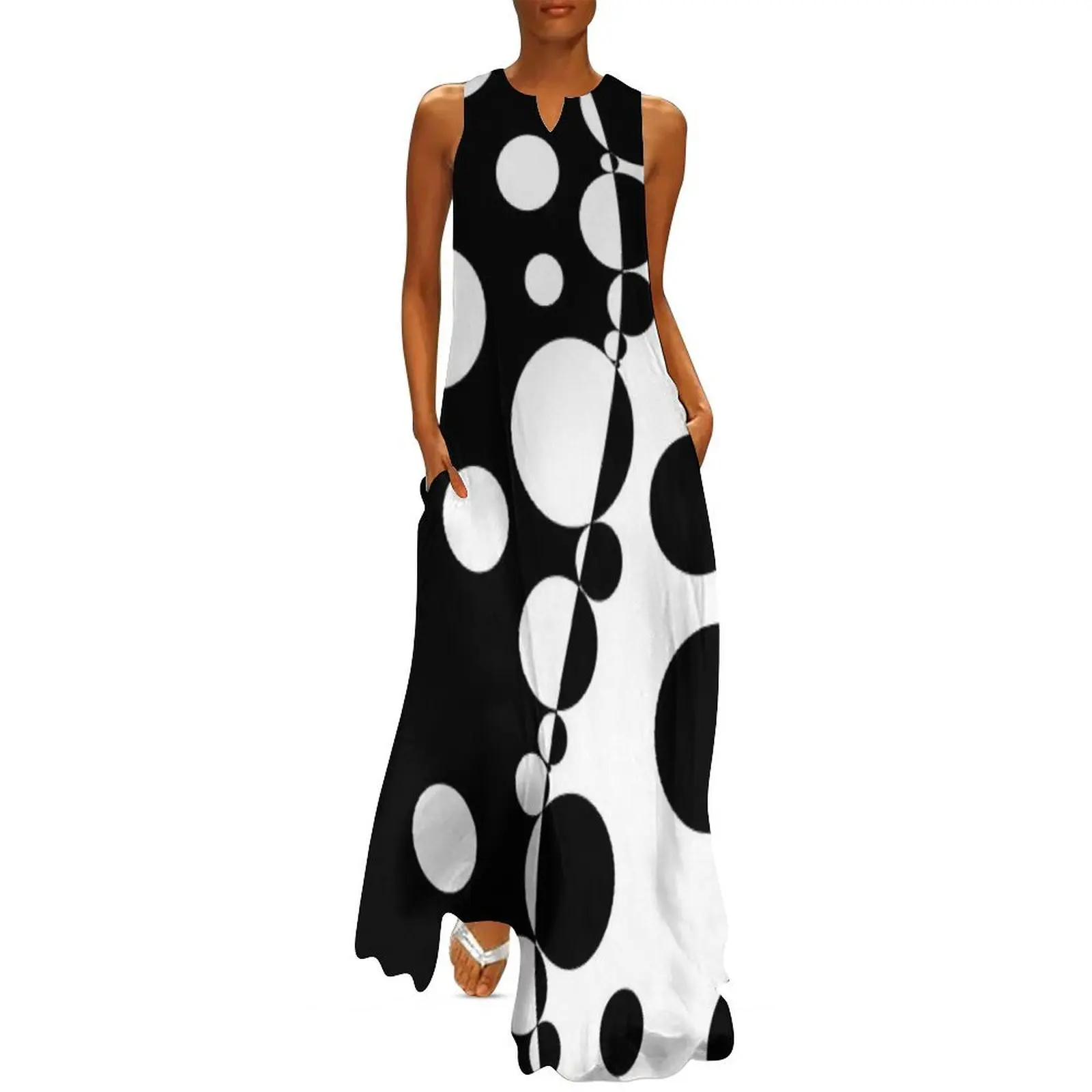

Retro 60's Black and White Dot Pattern Long Dress Clothing dresses korean style evening dress women dress for women 2025
