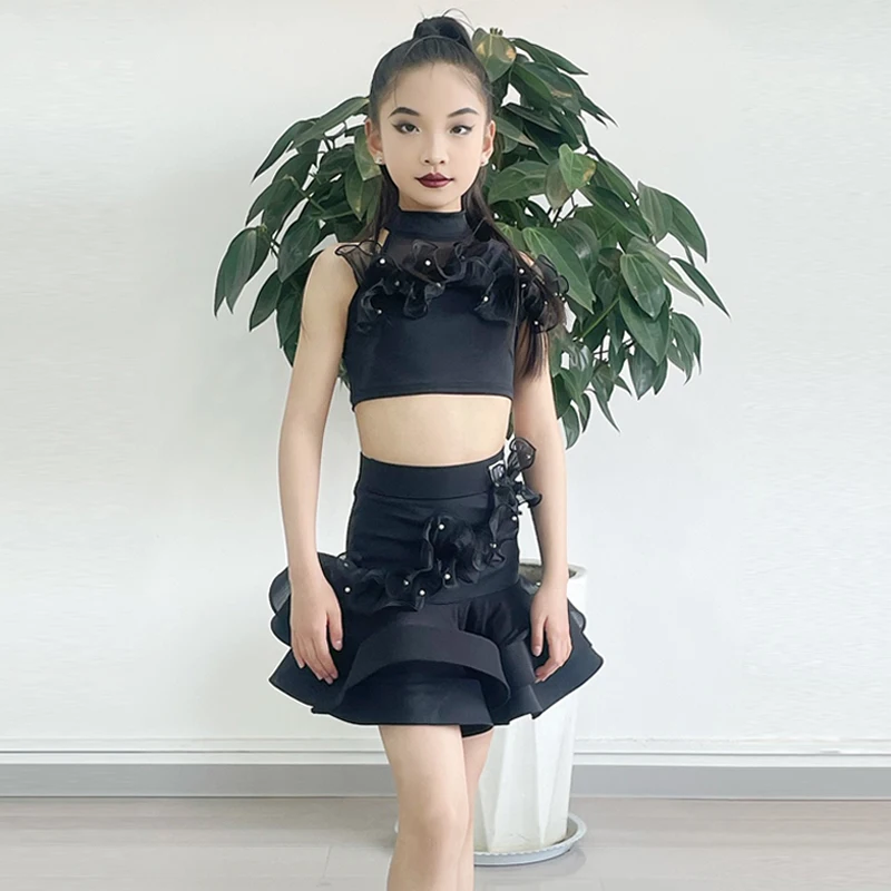

Latin Dance Costume Girls Summer Black Top Skirt Split Suit Rumba Tango Dancing Stage Wear Kids Latin Performance Wear VDL3647
