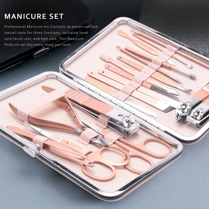18 pz/set Kit di strumenti per Nail Art in acciaio inossidabile in oro rosa tagliaunghie in acciaio Trimmer Ear Pick Grooming Kit Manicure Set Pedicure