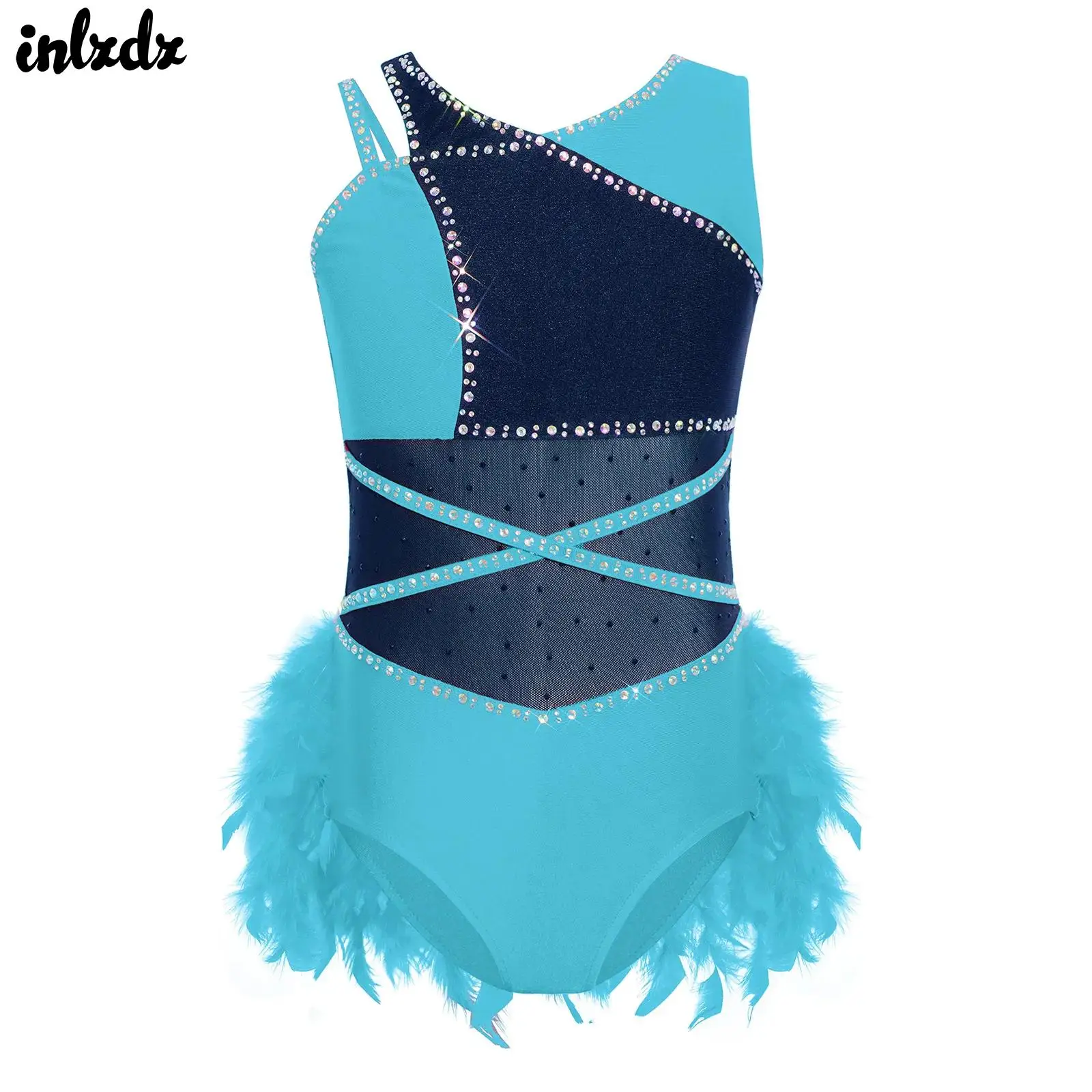 

Детский гимнастический купальник-боди для девочек, для балета, фигурного катания, с пайетками, перьями, для латиноамериканских танцев, костюм-туника