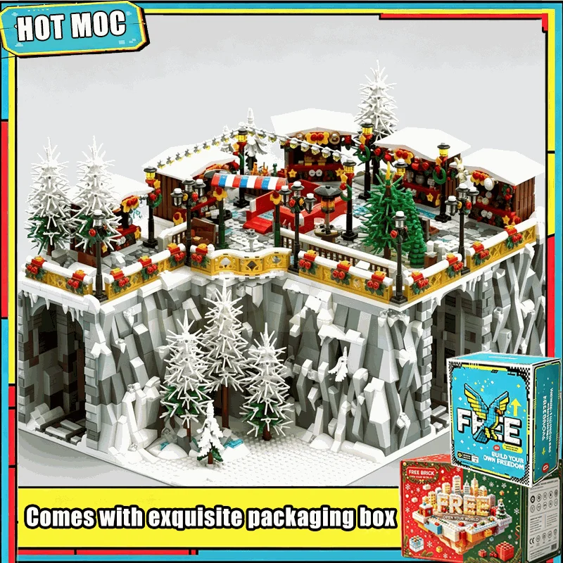 3963 PCS Christmas Winter Village Market Building Blocks Cliff Cave Scene MOC Model DIY Assembly Brick Set Festival Home Decor