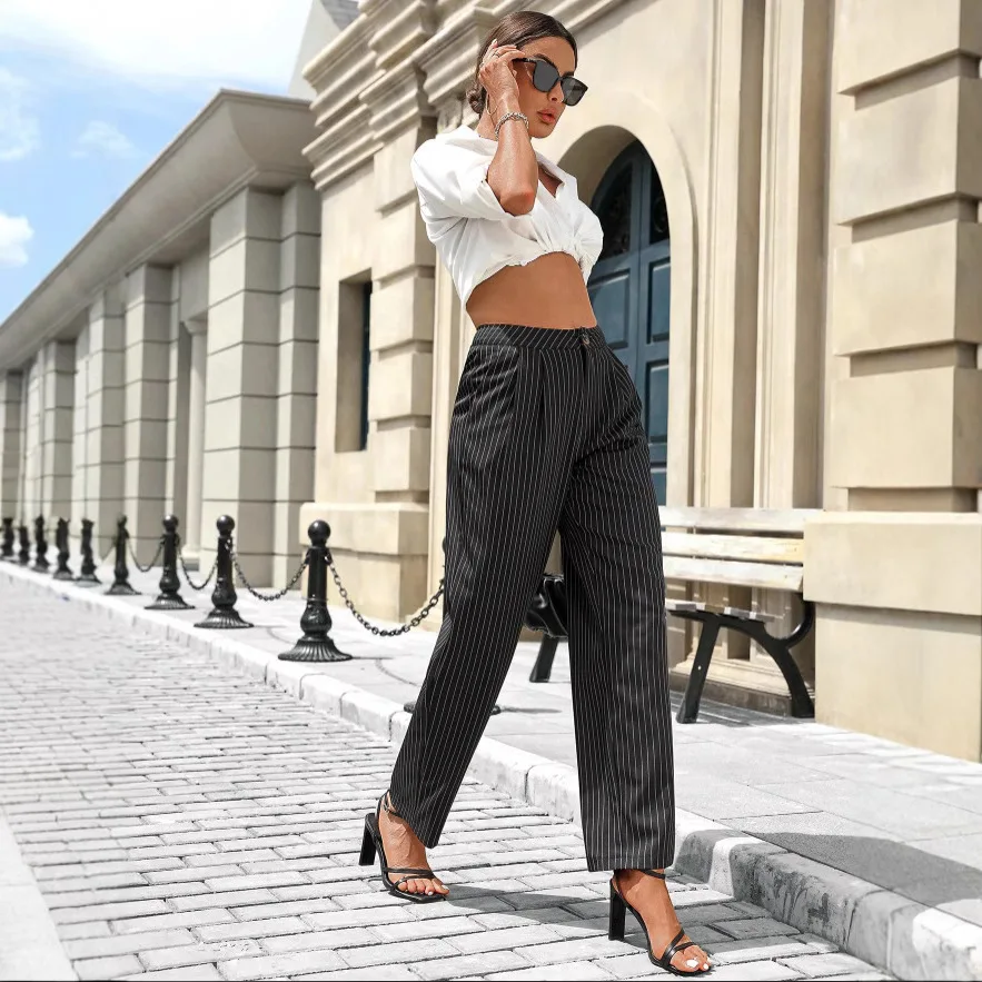 Straight Wide Leg Pants Women Striped Printing High Waist Button Slacks 2024 Autumn Female Casual Basics Ankle Length Trousers