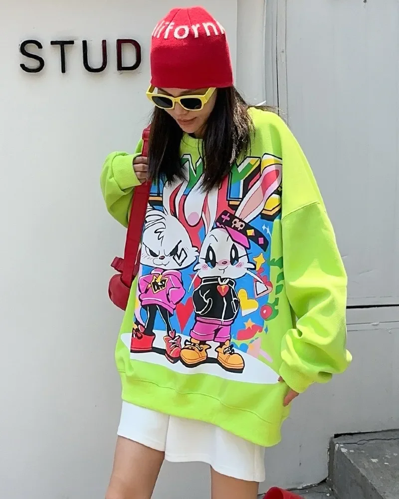 Oversized Casual Loose Graffiti Cartoon Printed Sweatshirts Women\'s Medium And Long Sweet Round Neck High-end Autumn Top Hoodies