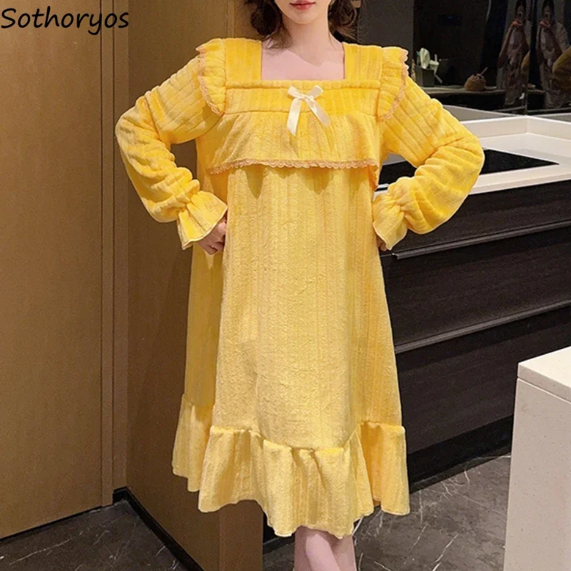 

Flannel Nightgowns Women Winter Plus Velvet Thicker Home Bow Design Tender Warm Sleepwear Casual Soft Dormitory Chic Comfortable