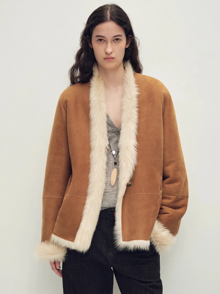 

High-end Luxury Toscana Lamb Fur Suede Jackets Women Simple V-neck Double Sided Wear Short Winter Genuine Leather Real Fur Coat