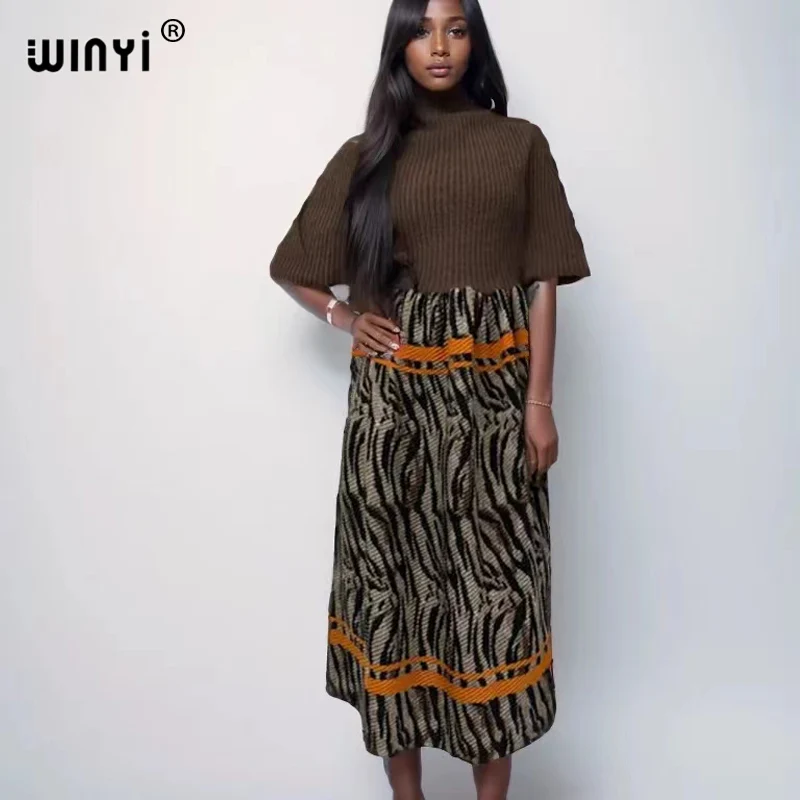 WINYI leopard print Comfort Warm fashion Caftan winter dress Elegant Africa Women Boho party winter clothes for women kaftan