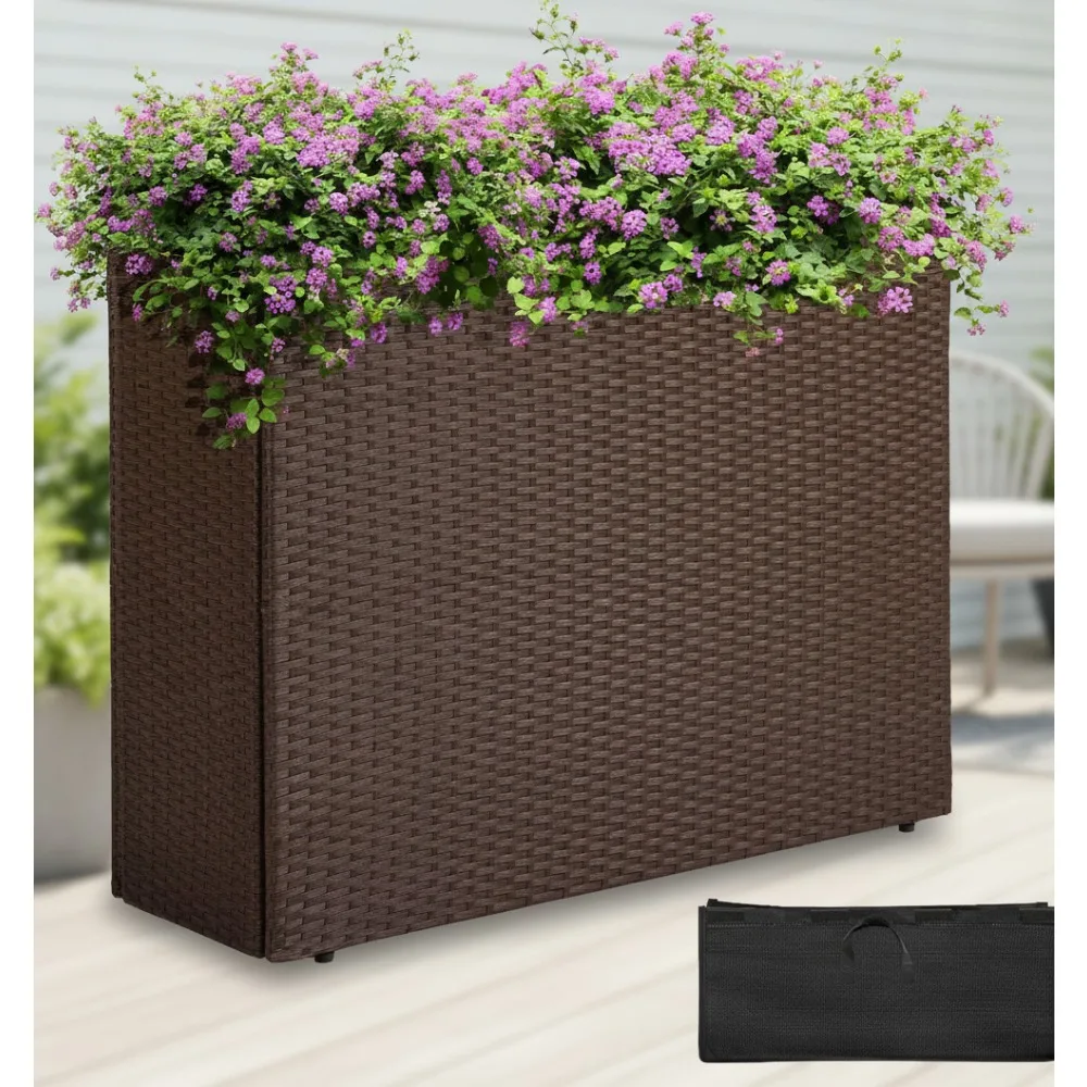 

All Weather Wicker Planter Raised Garden Bed, 24in Tall Self-Watering Rattan Flower Pot for Porch Patio Balcony