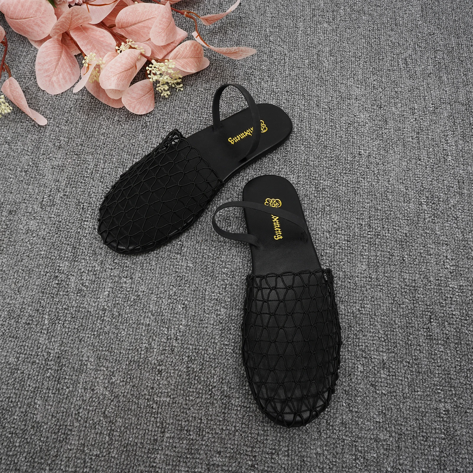 GJ niche brand woven hollow mesh comfortable flat sandals 2024summer new fashionable and breathable Roman handmade slippers34-44