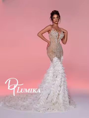 Distinctive Mermaid Feathered Evening Dress Fashionable Cocktail Beaded Customized Party Luxurious Sleeveless Glitter Prom Gown