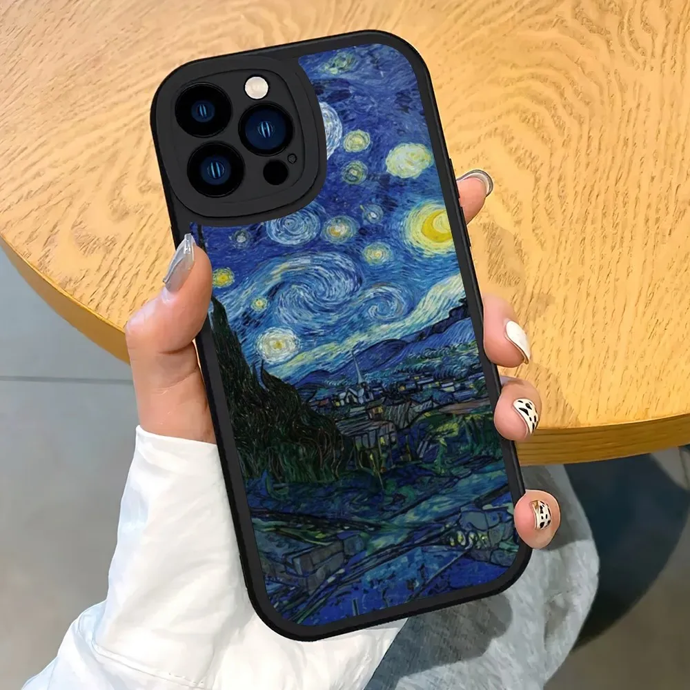 Funda de teléfono de aceite de cielo estrellado Vincent Van Gogh para iPhone 14, 15, 11, 12, 13, X, XR Pro MAX Plus, protector de lente de cuero suave, cubierta trasera