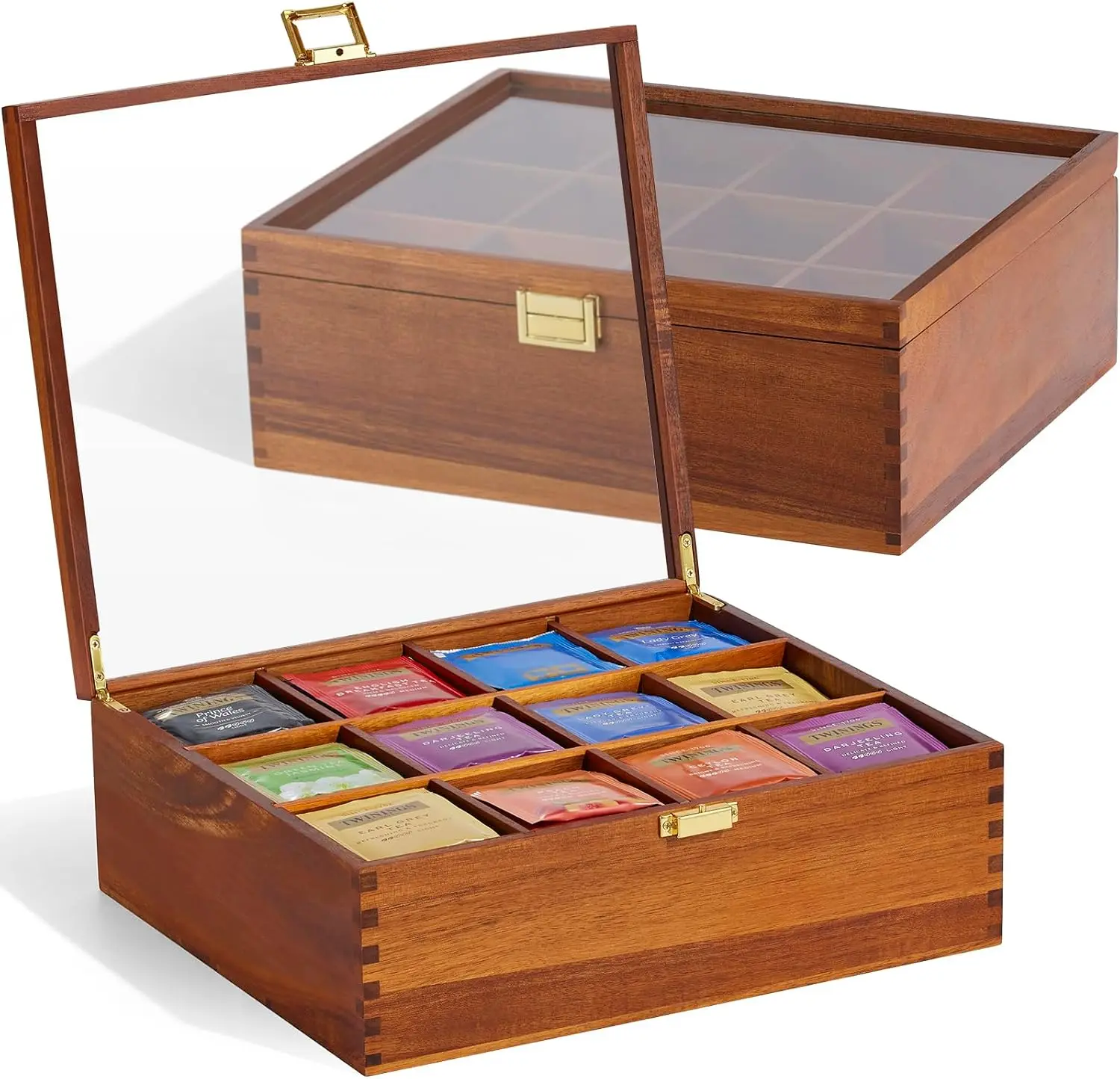 

Acacia Wood Tea Bag Organizer with Clear Glass Window, 12 Compartments Tea Storage Box for Countertop and Pantry