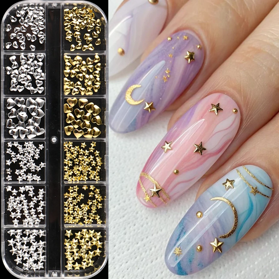 12 Grids Golden Silvery Stars Heart Nail Charms Metallic Stars Heart Sequins for Nails Suitable for Ramadan Women's Nail Decor