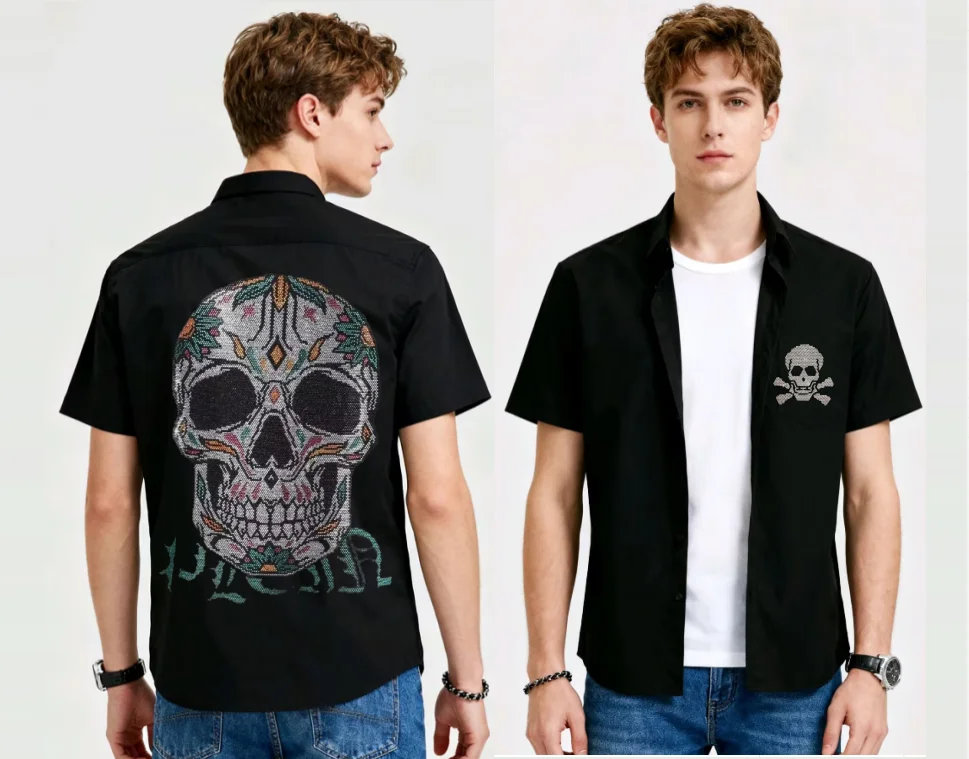 

Мужская повседневная рубашка с коротким рукавом, украшенная стразами, современный стиль, сверкающие стразы, легкий вес, идеально подходит для горячих дней