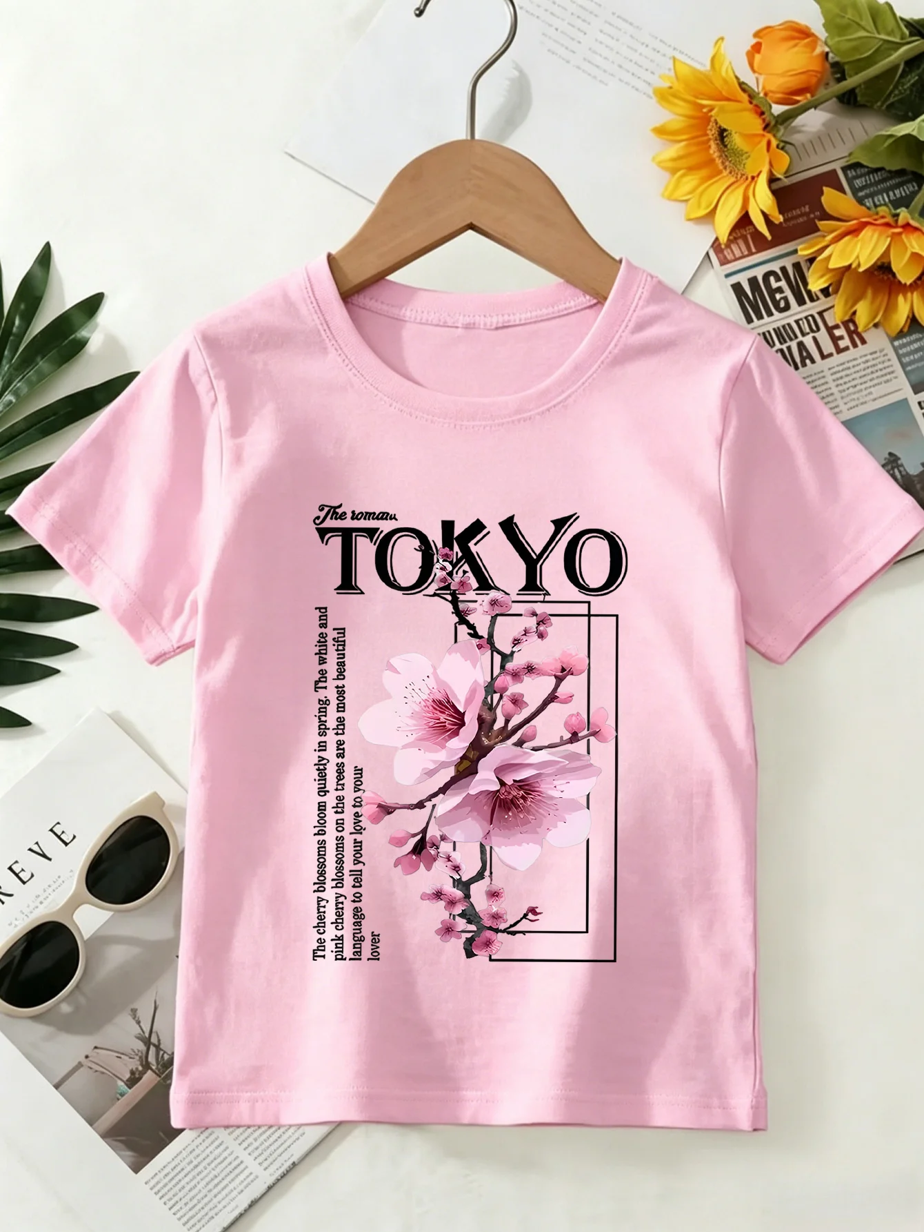 Tokyo Cherry Blossom Kids Tee Floral Letter Print Boys Girls Family Matching Cotton Summer Short Sleeve Basic Children Tshirt