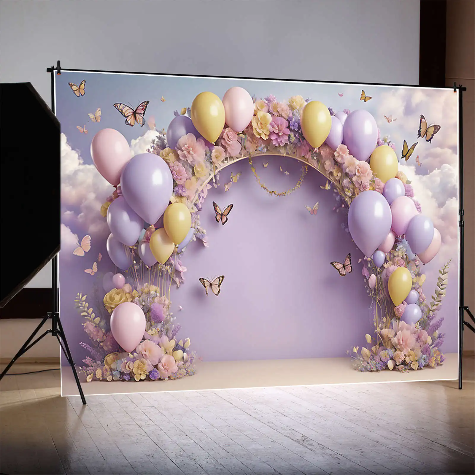 MOON.QG Hot Air Balloon Birthday Photo Studio Background Floral Flower Arch Backdrop for Photography Children Shooting Back Drop