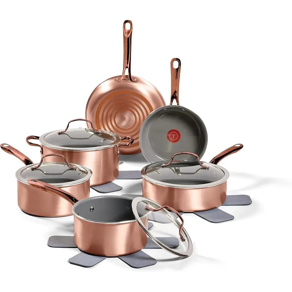

Rose Gold 13-Piece Non-Stick Cookware Set with Oven & Broiler Safe Up to 350°F, Includes Stockpot, Saute Pans, Frying Pans, and