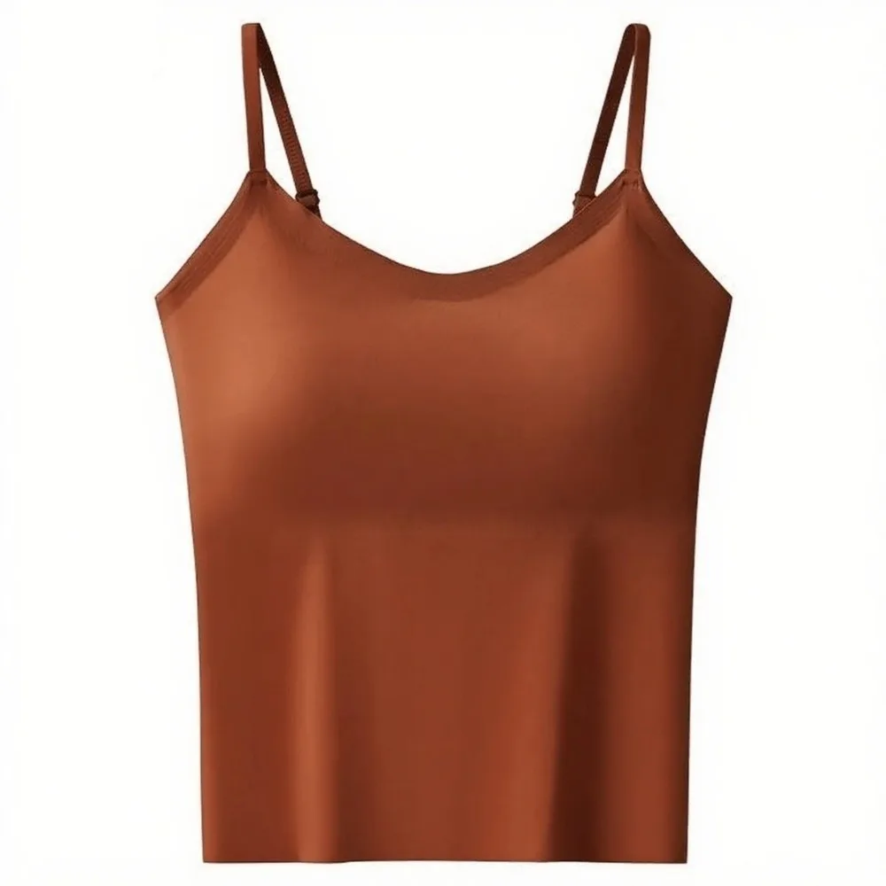Build-in Bra V-Neck Camisole Vest Back Sling Design Solid Color Fixed Cup Camisole Long Length Summer Sling Vest Top For Women