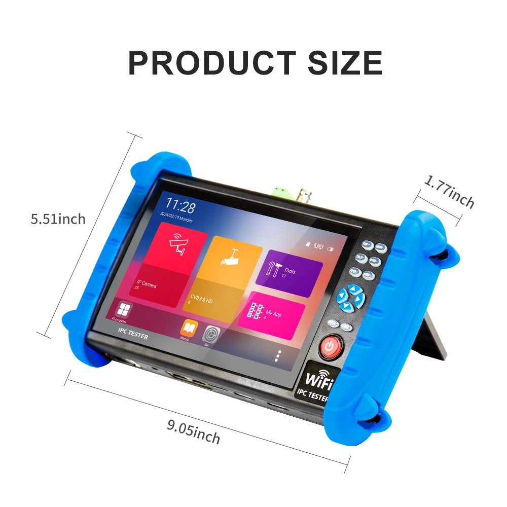 CCTV tester equipped with a 7-inch high-definition touchscreen, capable of configuring DVRs, NVRs, and other displays