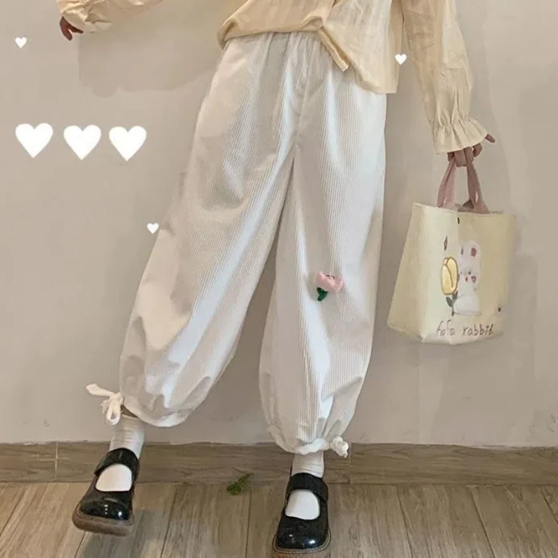 

Summer Japanese Style Lantern Pants Cute Casual Women's High Waisted Solid Tie Flowers Drawstring Loose Straight Harlan Trousers