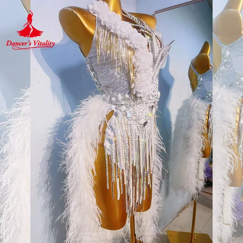 Disfraces de actuación de baile latino para mujer, vestido de borla de plumas de diamante, personalizado para personas mayores, Tango, Chacha, Samba, vestidos de competición