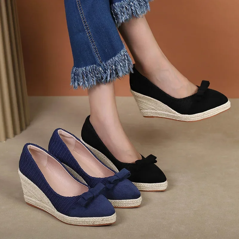 8cm Plus Size 34-42 Breathable Shallow Flock Platform Wedges Shoes Women 2023 Fall Bow High Heels Pumps for Office Mom Dance