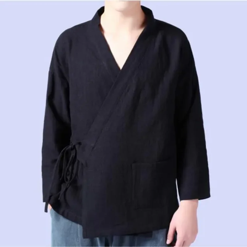 Men\'s linen vest Men\'s shirt Long sleeved Chinese official collar Traditional Kung Fu Tang casual social shirt Plus size shirts