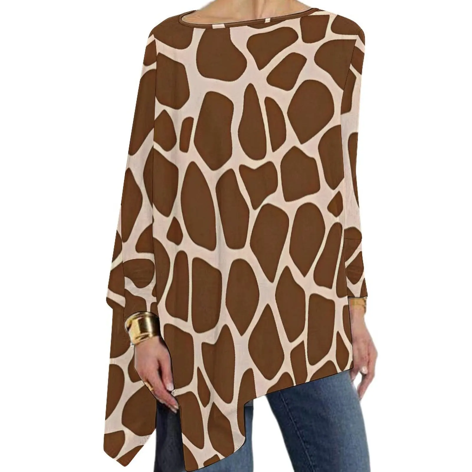 Giraffe Print T-Shirt Brown Animal Skin Aesthetic Long Sleeve T-Shirts Female Street Fashion Tee Shirt Oversized Pattern Tees