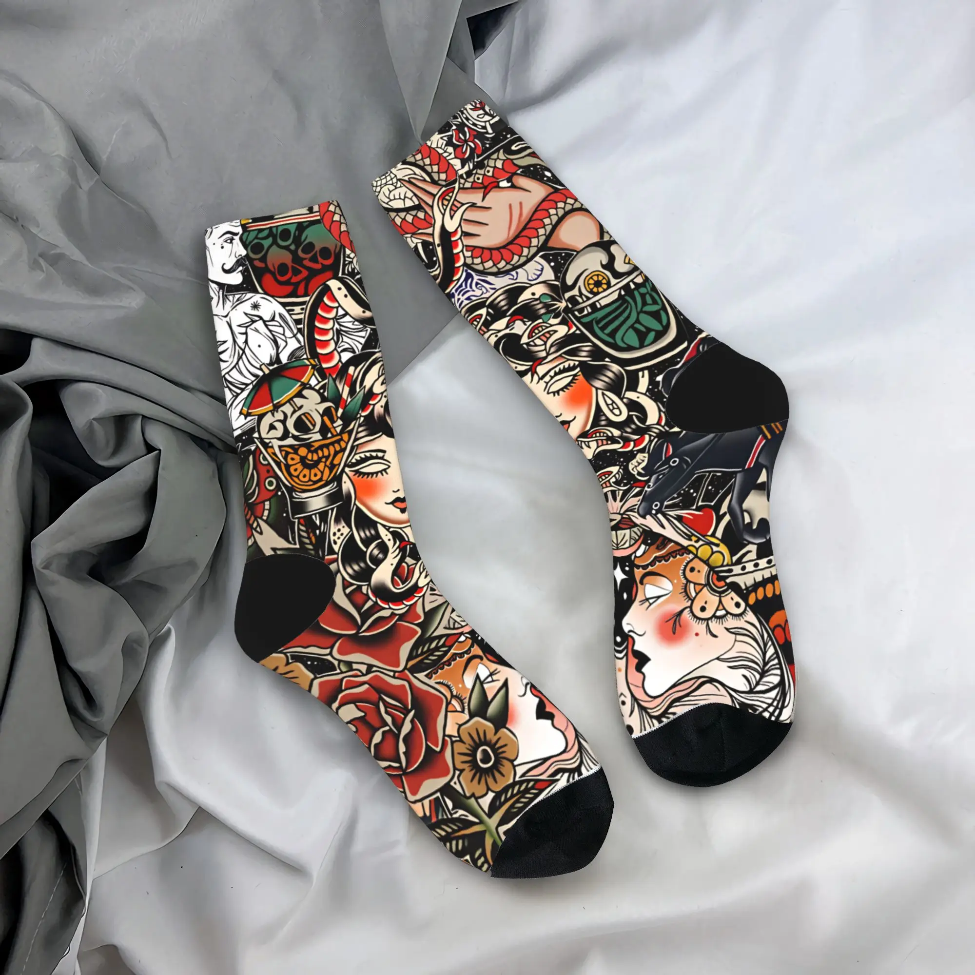 

American Tattoo Traditional Style Socks Elegant Stockings Couple Breathable Running Socks Autumn Design Anti Sweat Socks
