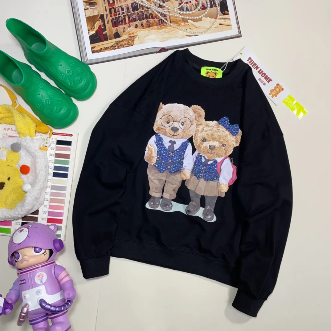 Cartoon Bear Print Exquisite Rhinestone Loose-Fitting Casual Hoodies Women Autumn New Round Neck Drop-Shoulder Sleeve Sweatshirt