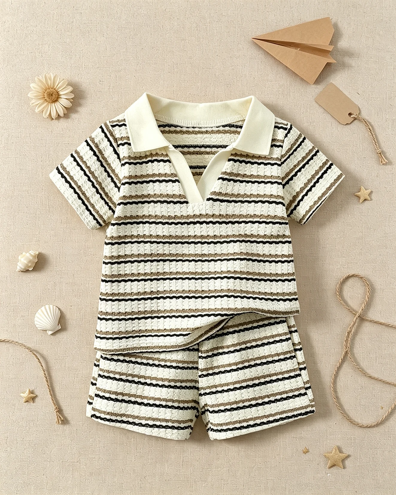 Sommer-Set für Jungen: Gestreiftes V-Ausschnitt-Oberteil mit kurzen Ärmeln und Shorts ohne Gürtel für Outdoor-Spiele und lässige Freizeitkleidung, modisch und bequem. – Detail 2