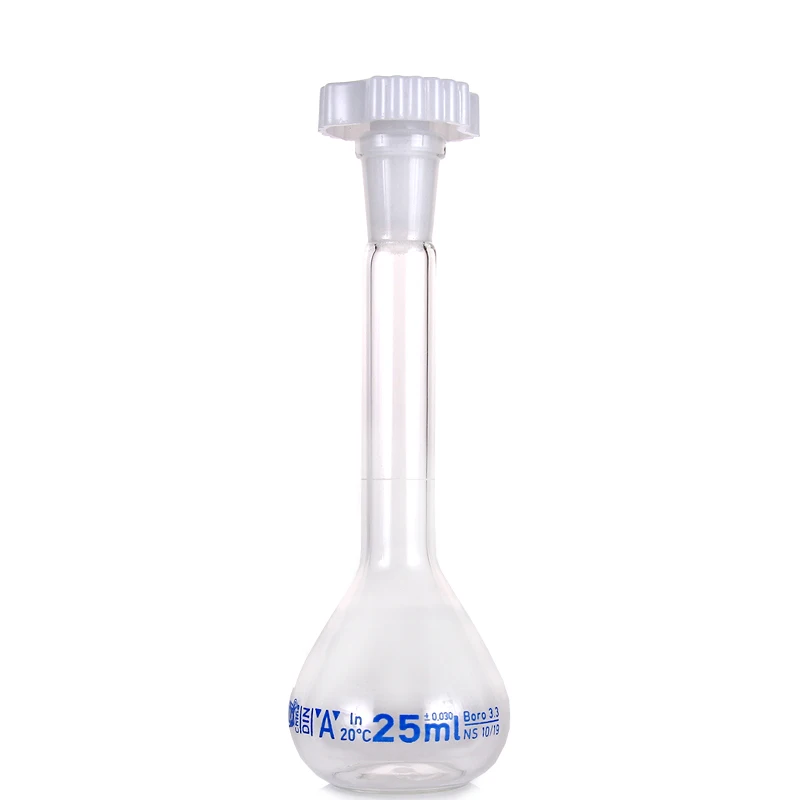 Boccetta volumetrica in vetro borosilicato da laboratorio trasparente da 25 ml con tappo in plastica Fornitura di vetreria trasparente per laboratorio da ufficio