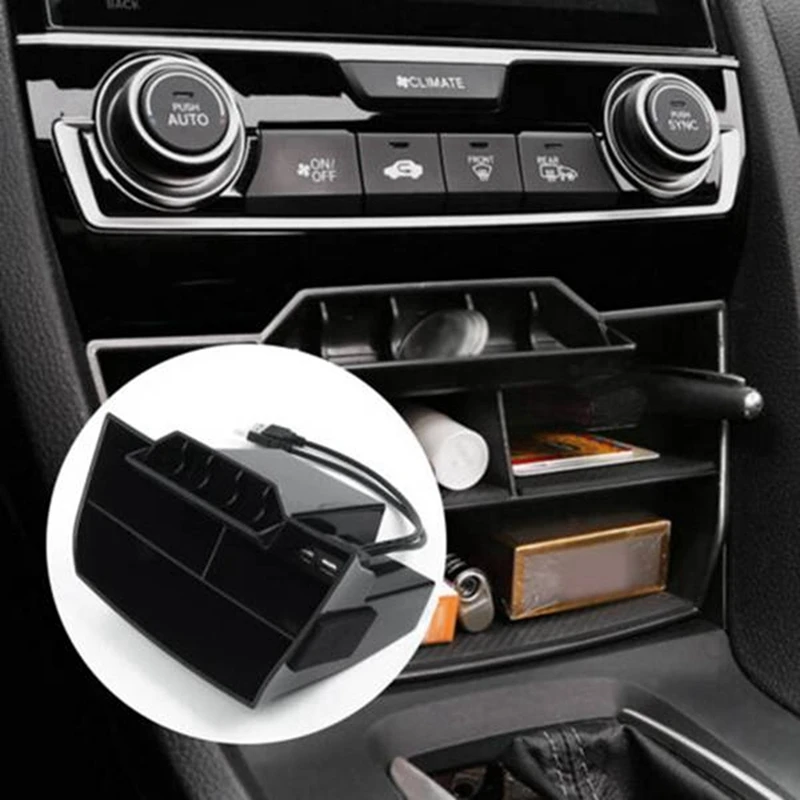 AU05 -Central Console Storage Box Coins Trays Cards Case With Usb Extension Cable For 10Th Gen For Honda Civic Sedan 2016-2020