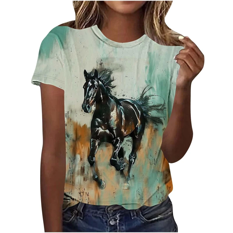 New 3D Printed Horse Racing Pattern Men's Short Sleeve T-Shirt Personality Animal Horse Round Neck Summer Casual Women Clothing