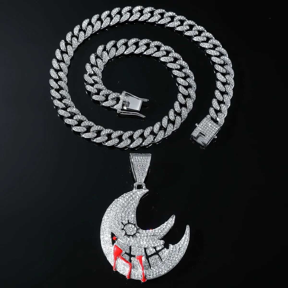 

Hip Hop Rock Moon Pendant Necklace Full Paved 5A CZ Gold Plated Exaggerated Unisex Sparkling Cubic Zirconia Party Jewelry Gift
