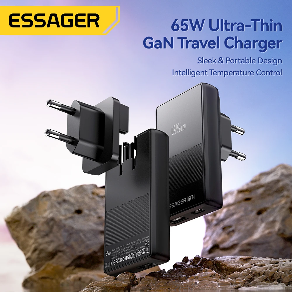 Essager 65W GaN Charger Ultra Thin Quick Charge 4.0 PD3.0 PPS Portable USB Type C Charger For Macbook Laptop iPhone 16 15 14 13
