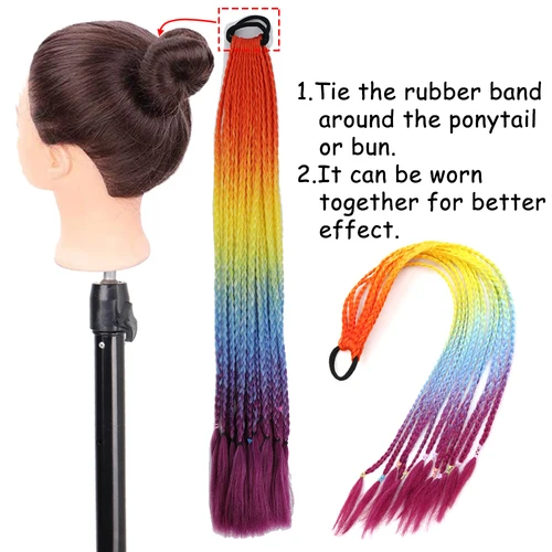 Imagen 2 del producto AZQUEEN-extensión de cabello de cola de caballo trenzada de color sintético, trenzas de Color arcoíris, cola de caballo con banda elástica, coleta para niña