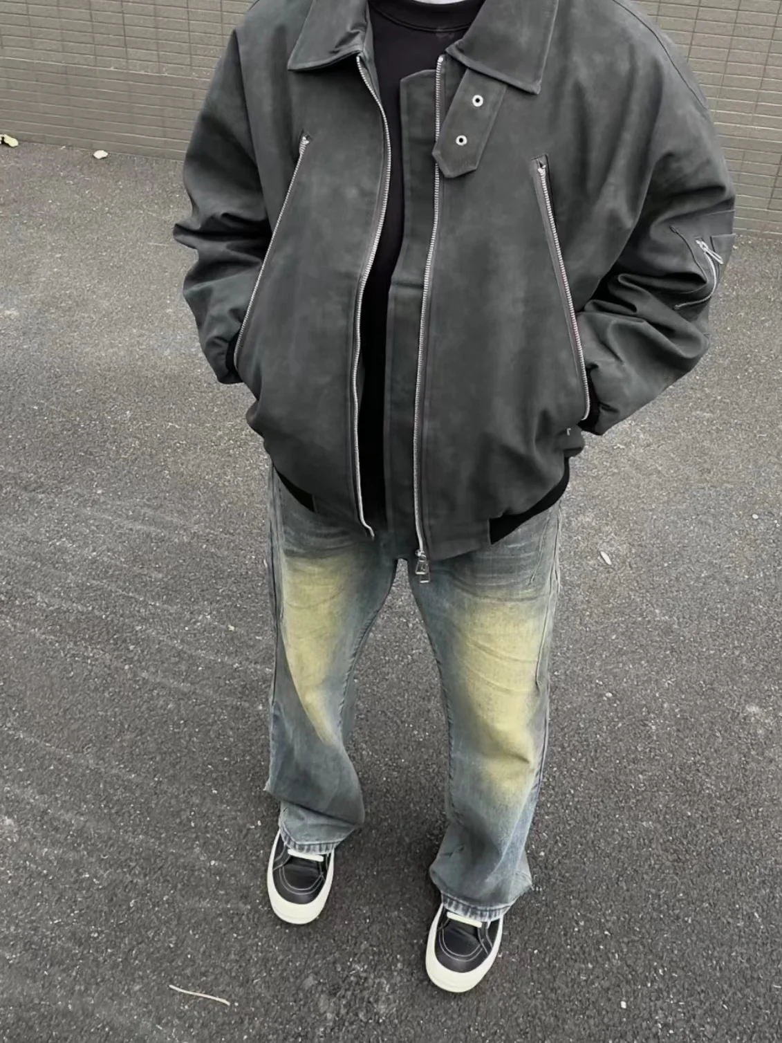 Amerikaanse retro bezaaid lederen jaet rits ontwerp losse faionable motorjas voor mannen en vrouwen jeugd trend bovenkleding