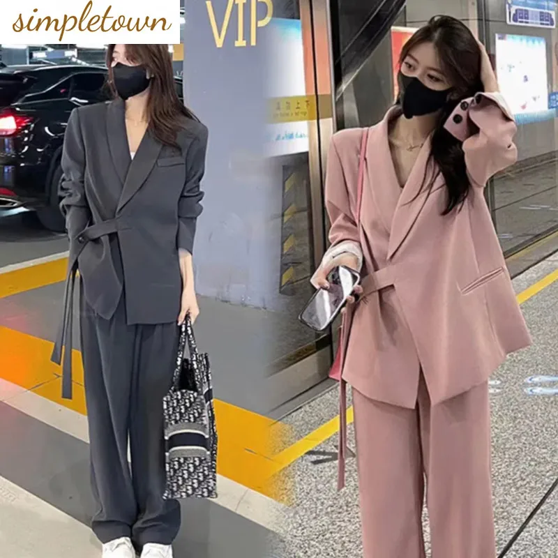 Personalized Lace Up Loose Jacket Blazer Casual Wide Leg Pants Two-piece Elegant Women's Pants Set Office Outfits