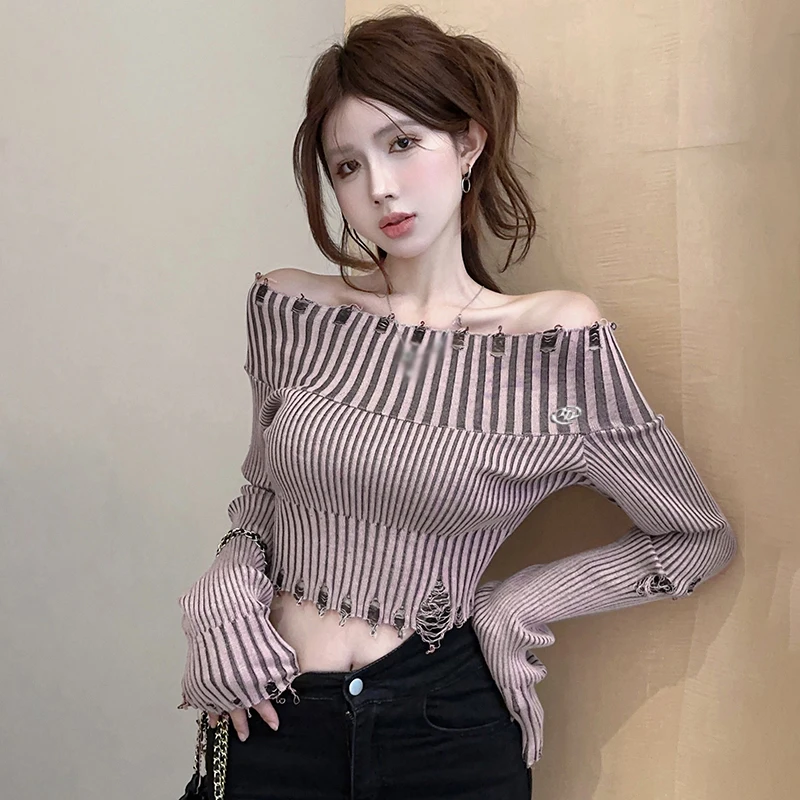 Women\'s Spring Autumn Sweater Off Shoulder Hole  Knitted Long Sleeves Sweater Crop Top Pullover Knitwear