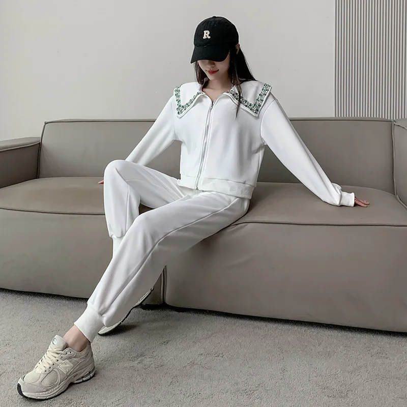 Exquisite Rhinestone Large Lapel Zipper White Hoodie Women Cardigan 2023 Spring New High Waist Casual Pants Sports Two-Piece Set