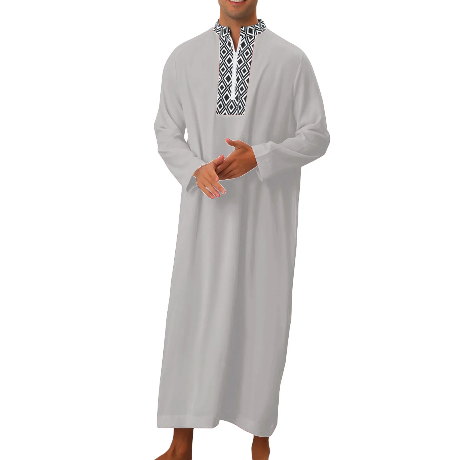 Plaid Printing Patchwork Casual Male Muslim Robes Men's Muslim Arabia Casual Round Neck Long Sleeved Pockets Loose Robe Shirt