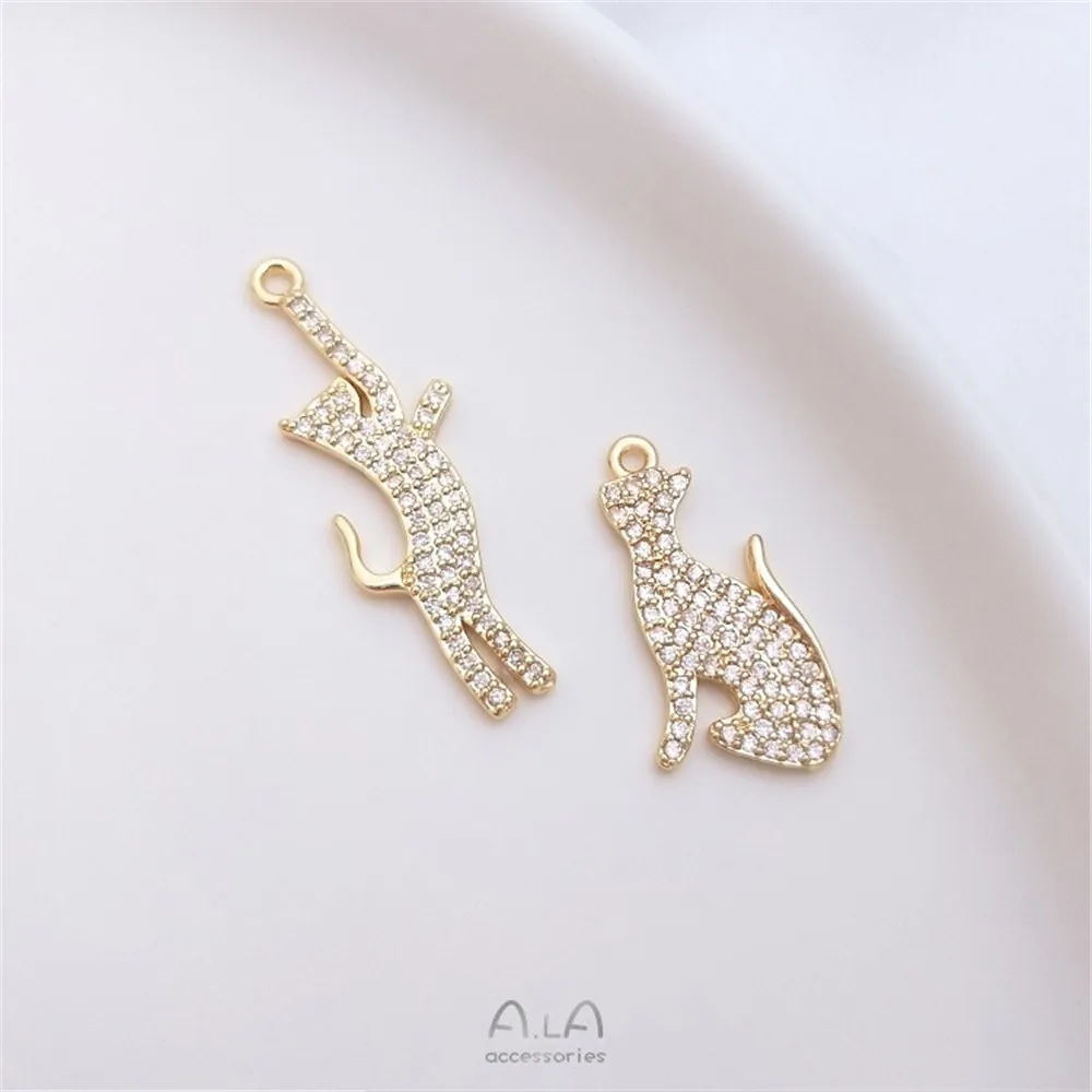 

Color Preservation Micro-inlaid Zircon 14K Gold Cat Pendant Accessories Handmade Diy Earrings Stud Earrings Leopard Pendant