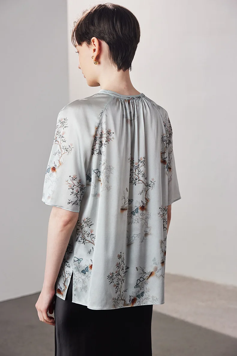 90% Natural Silk 10% Spandex Women's Blouse Printed Half Sleeves Elegant Fashion Blouse Tops