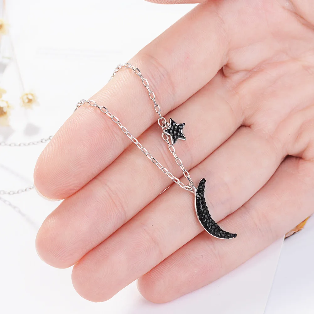 S925 Sterling Silver Black Star Moon Pendant Necklace for Women (40cm + 3.5cm) Free Shipping on Luxury Jewelry